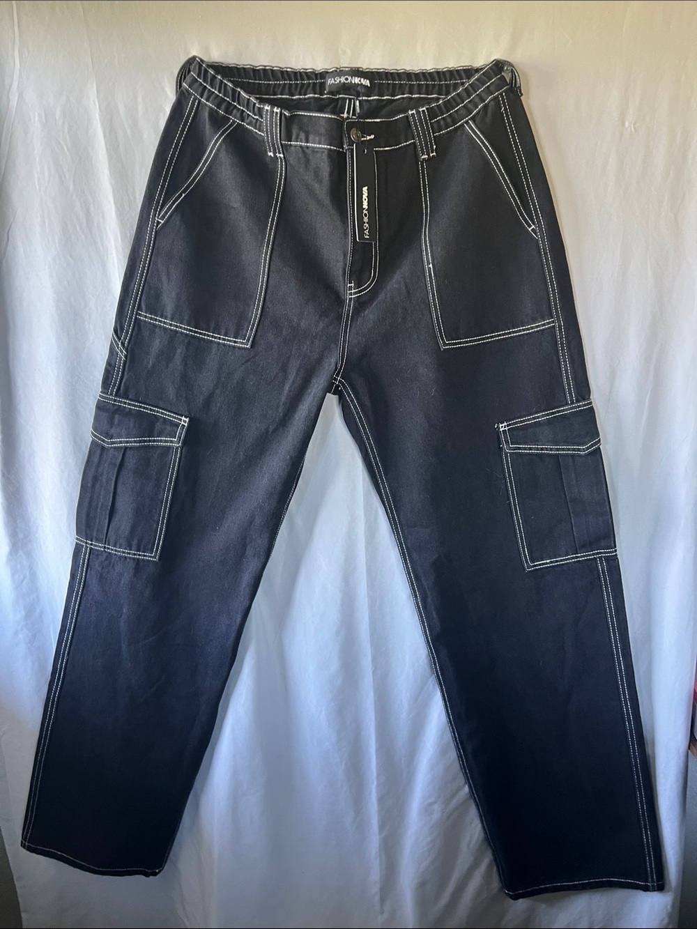 Fashion Nova Men Black Cargo Pants with White Contrast Stitching